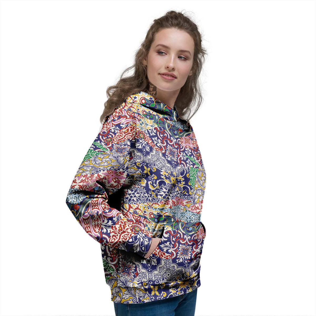 Patchwork Azulejos Tiles Print Pattern Women's Hoodie-grizzshop