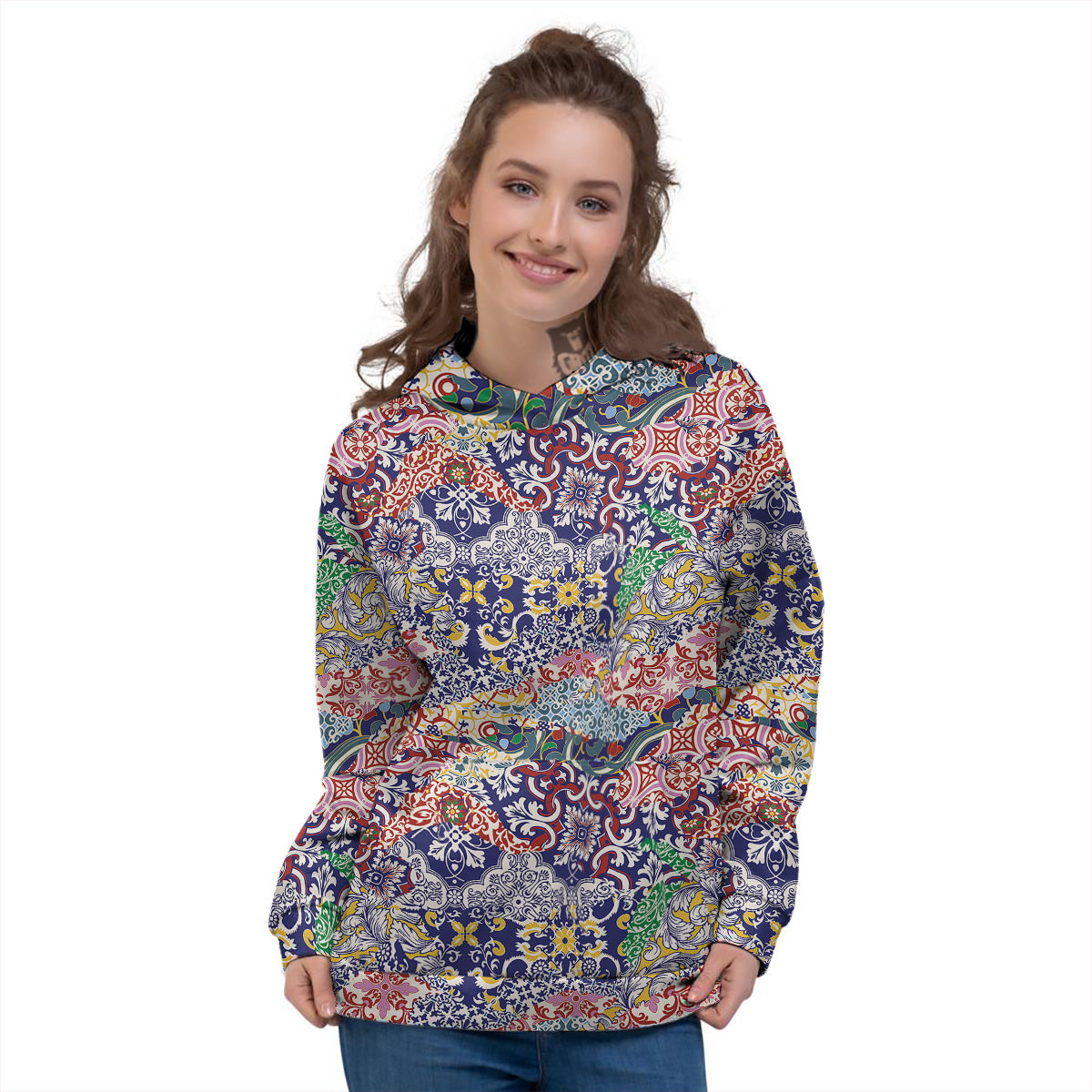Patchwork Azulejos Tiles Print Pattern Women's Hoodie-grizzshop