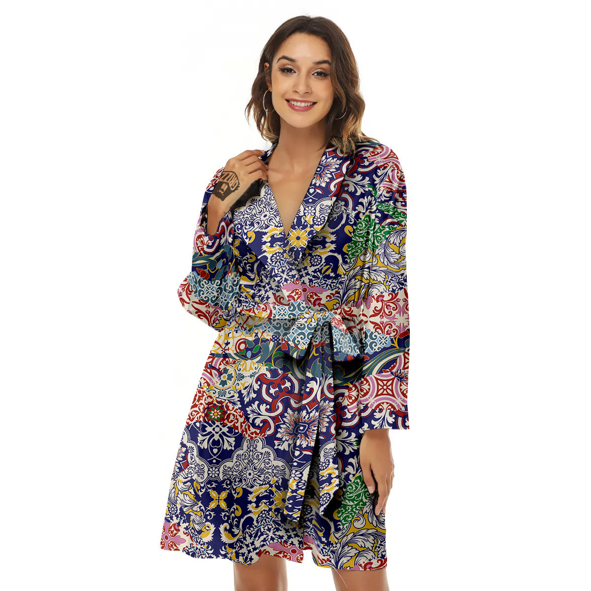 Patchwork Azulejos Tiles Print Pattern Women's Robe-grizzshop