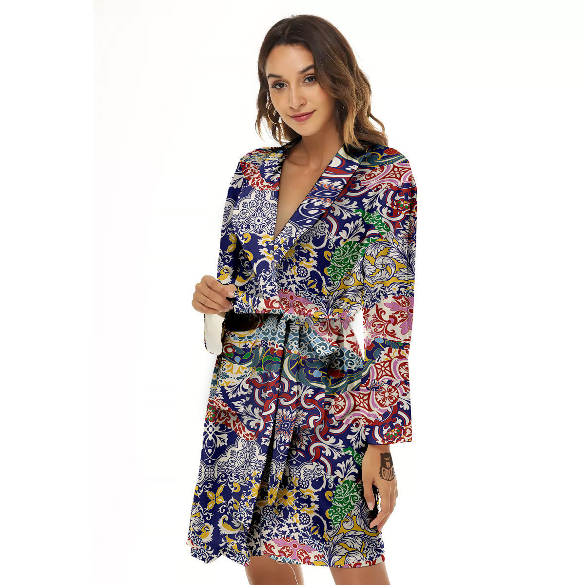 Patchwork Azulejos Tiles Print Pattern Women's Robe-grizzshop