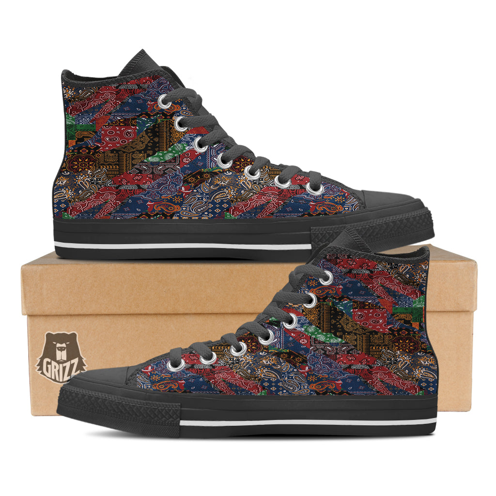 Patchwork Bandanna Print Pattern Black High Top Shoes-grizzshop