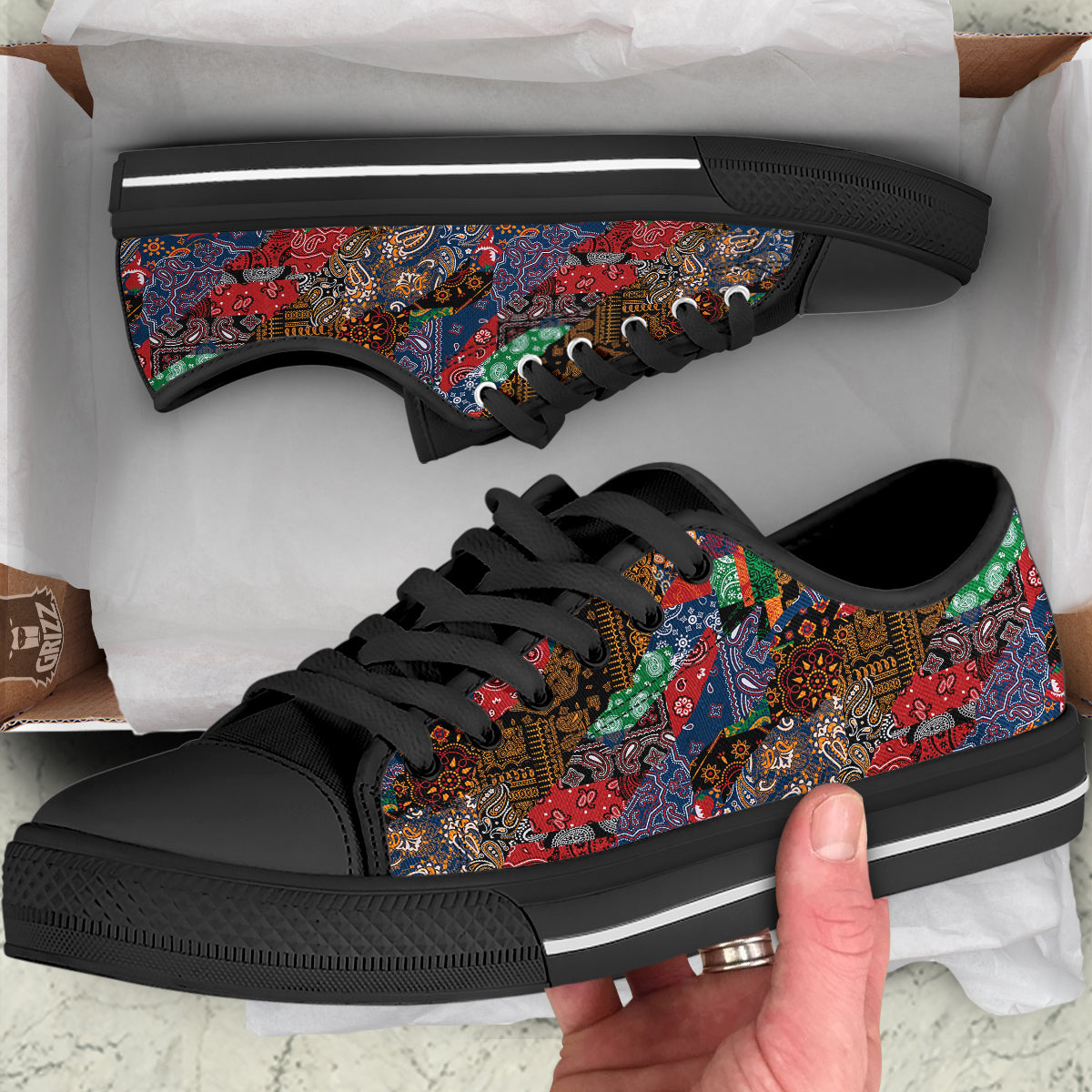 Patchwork Bandanna Print Pattern Black Low Top Shoes-grizzshop