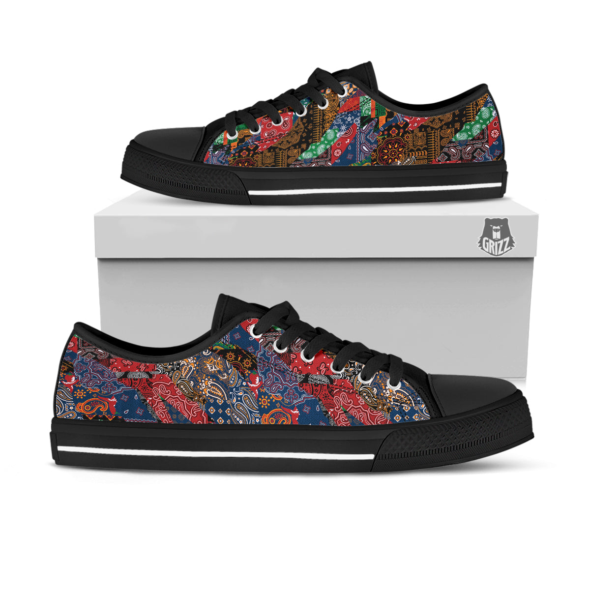Patchwork Bandanna Print Pattern Black Low Top Shoes-grizzshop