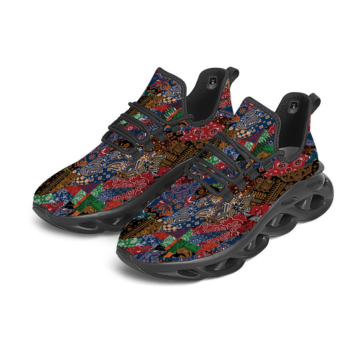 Patchwork Bandanna Print Pattern Black Running Shoes-grizzshop