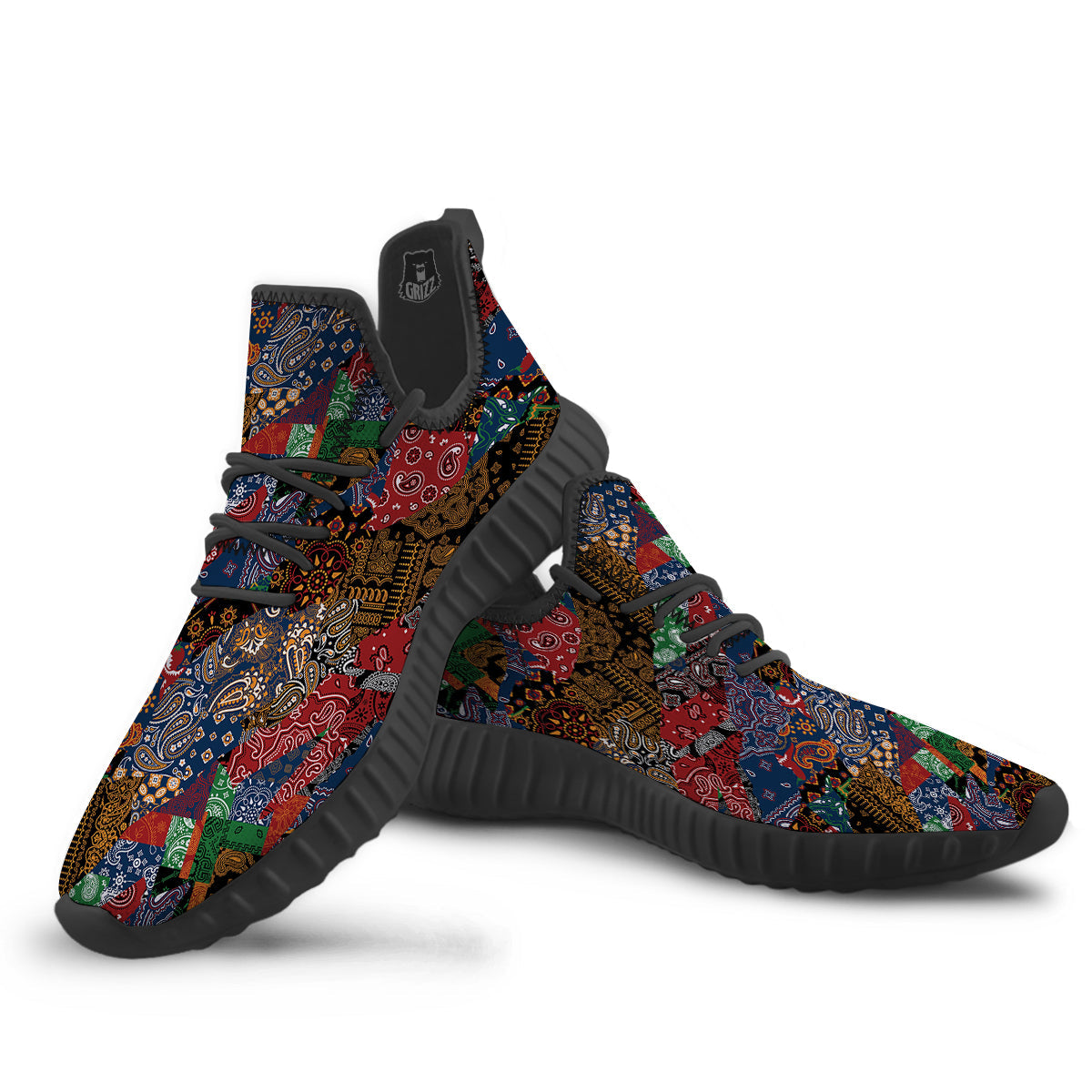 Patchwork Bandanna Print Pattern Black Walking Shoes-grizzshop