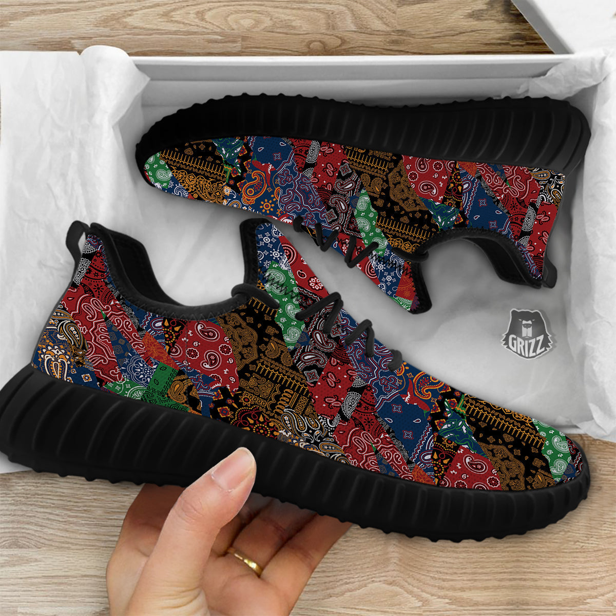 Patchwork Bandanna Print Pattern Black Walking Shoes-grizzshop