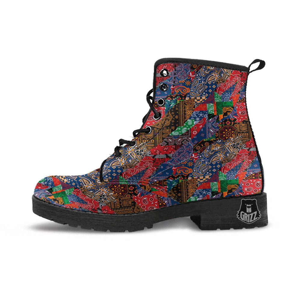 Patchwork Bandanna Print Pattern Leather Boots-grizzshop