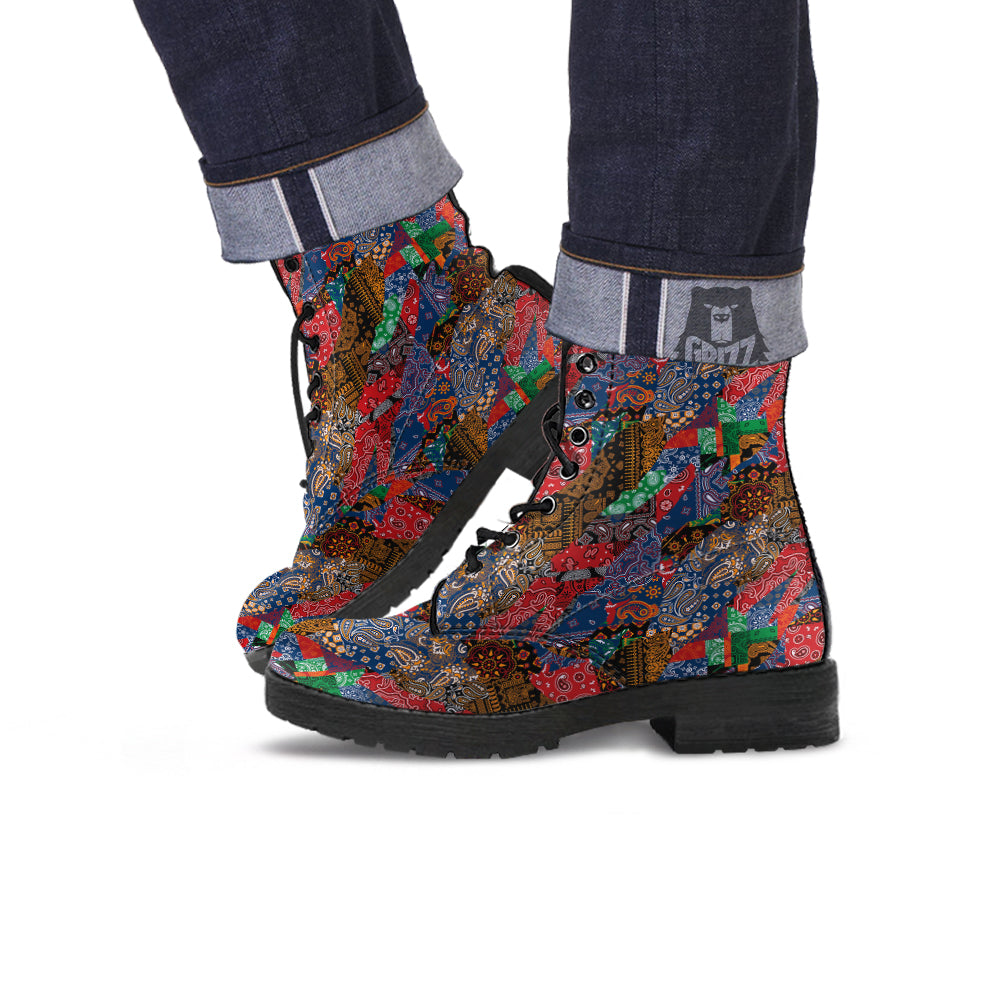 Patchwork Bandanna Print Pattern Leather Boots-grizzshop
