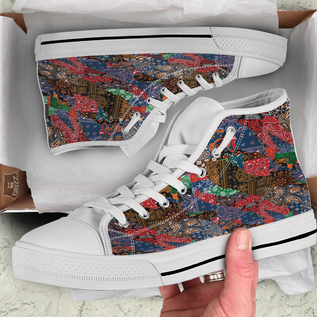 Patchwork Bandanna Print Pattern White High Top Shoes-grizzshop