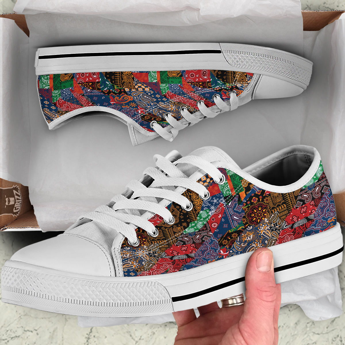 Patchwork Bandanna Print Pattern White Low Top Shoes-grizzshop