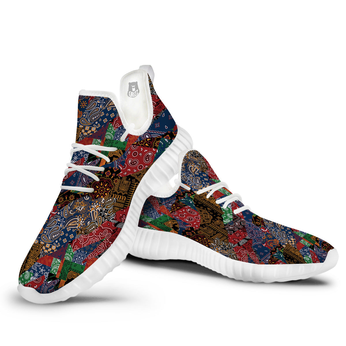 Patchwork Bandanna Print Pattern White Walking Shoes-grizzshop