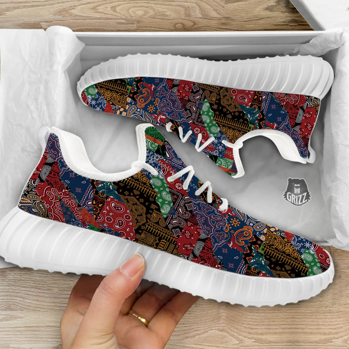 Patchwork Bandanna Print Pattern White Walking Shoes-grizzshop