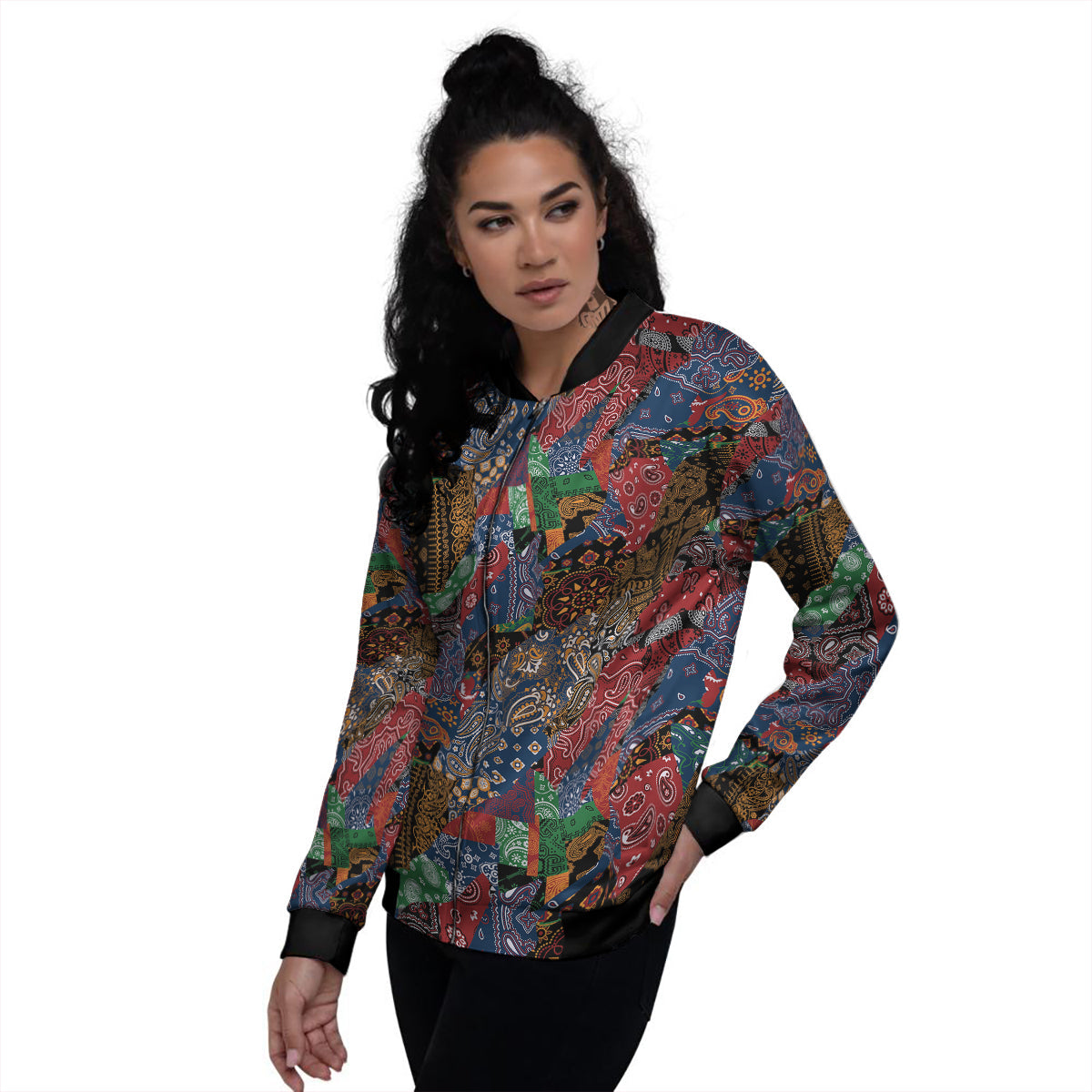 Patchwork Bandanna Print Pattern Women's Bomber Jacket-grizzshop