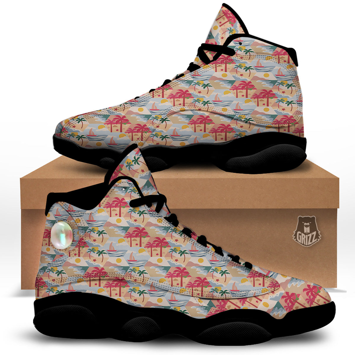 Patchwork Beach And Sunset Sky Print Pattern Black Basketball Shoes-grizzshop