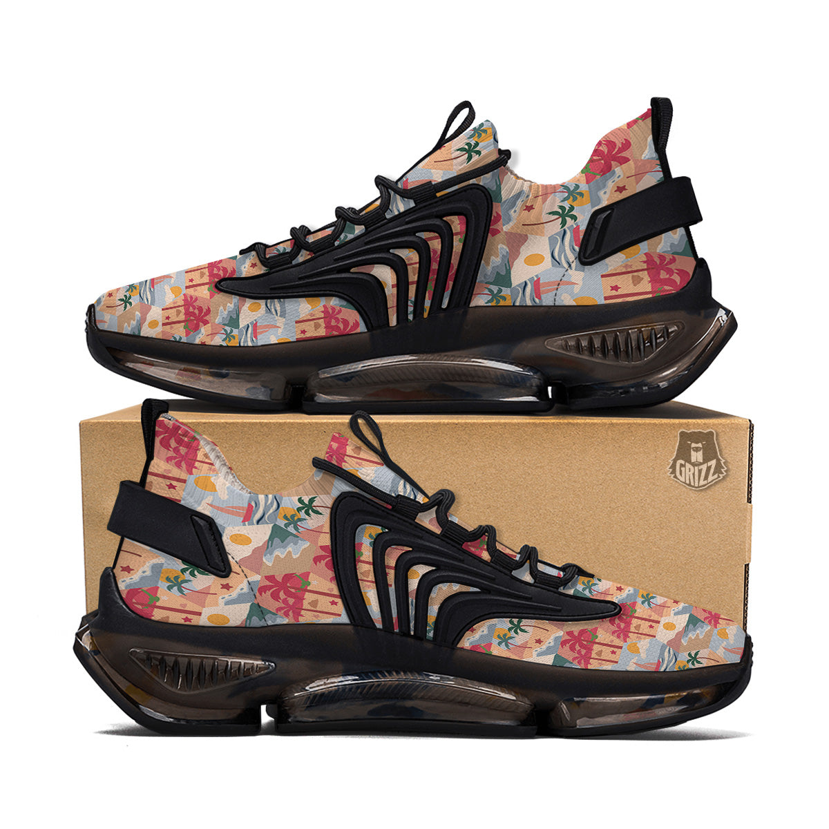 Patchwork Beach And Sunset Sky Print Pattern Black Gym Shoes-grizzshop