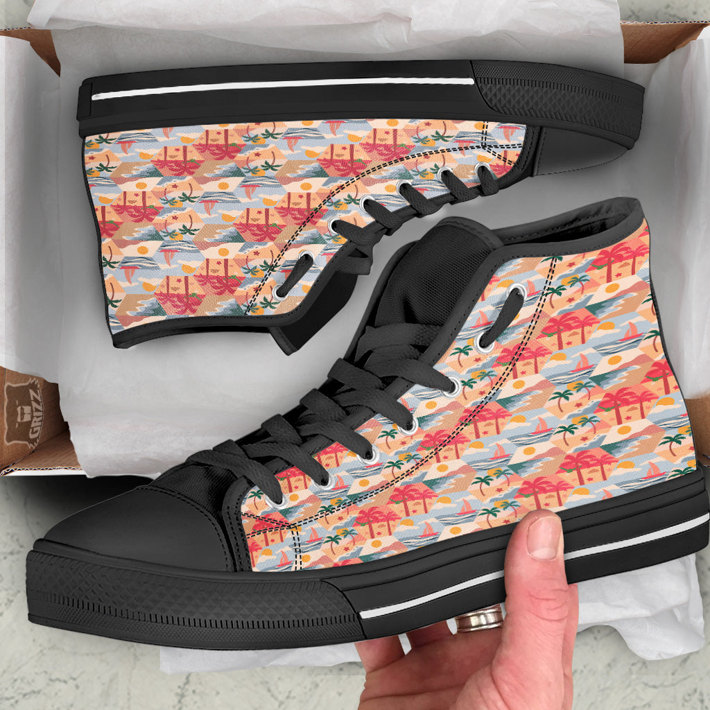 Patchwork Beach And Sunset Sky Print Pattern Black High Top Shoes-grizzshop