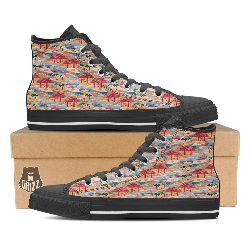 Patchwork Beach And Sunset Sky Print Pattern Black High Top Shoes-grizzshop