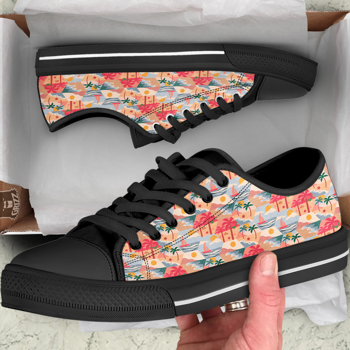 Patchwork Beach And Sunset Sky Print Pattern Black Low Top Shoes-grizzshop