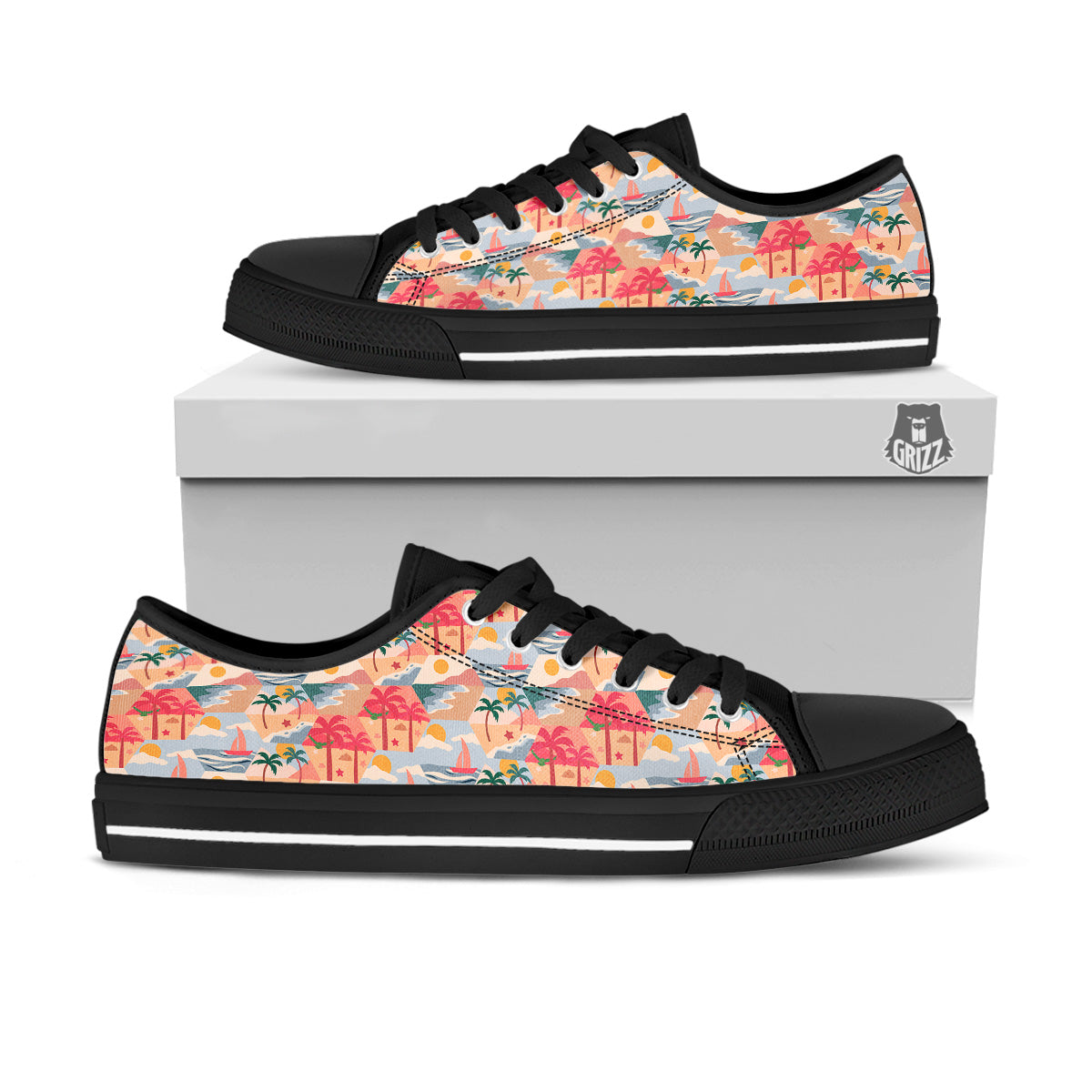 Patchwork Beach And Sunset Sky Print Pattern Black Low Top Shoes-grizzshop