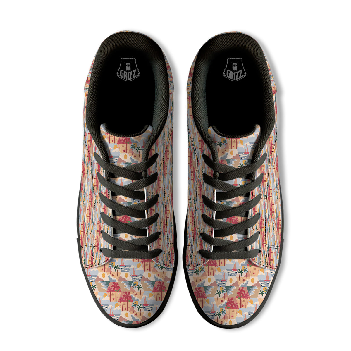 Patchwork Beach And Sunset Sky Print Pattern Black Low Top Sneakers-grizzshop