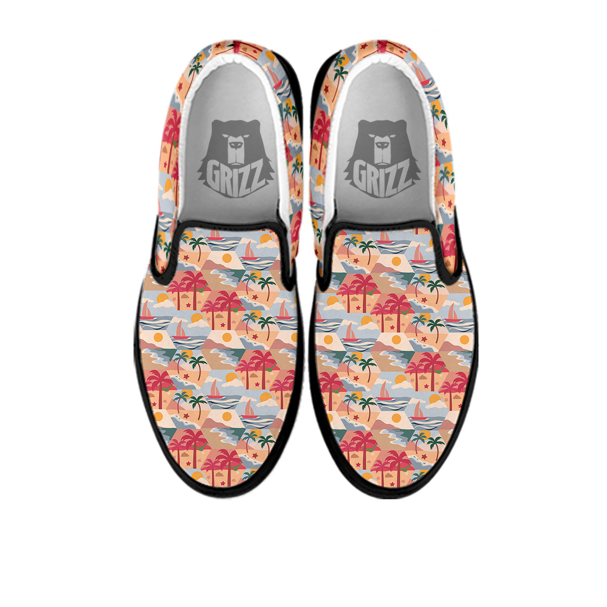 Patchwork Beach And Sunset Sky Print Pattern Black Slip On Shoes-grizzshop