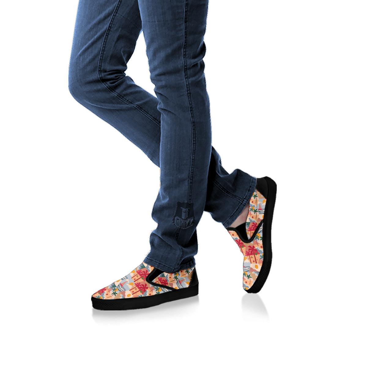 Patchwork Beach And Sunset Sky Print Pattern Black Slip On Shoes-grizzshop