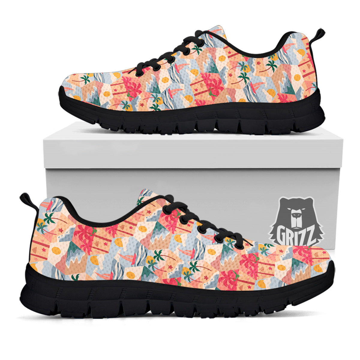 Patchwork Beach And Sunset Sky Print Pattern Black Sneaker-grizzshop