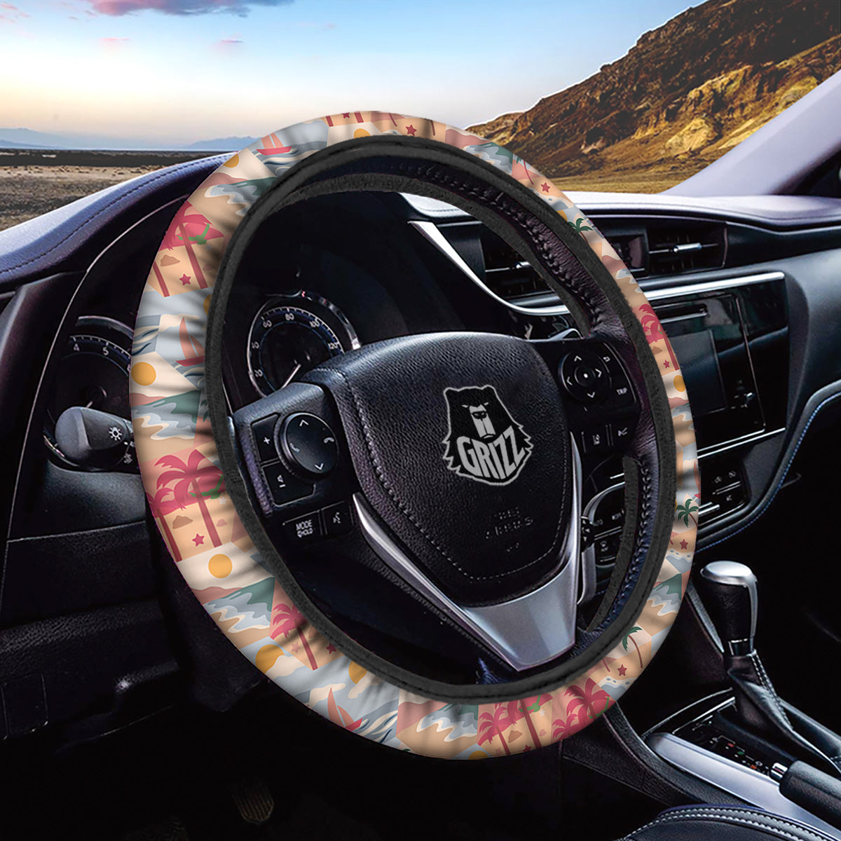 Patchwork Beach And Sunset Sky Print Pattern Car Steering Wheel Cover-grizzshop