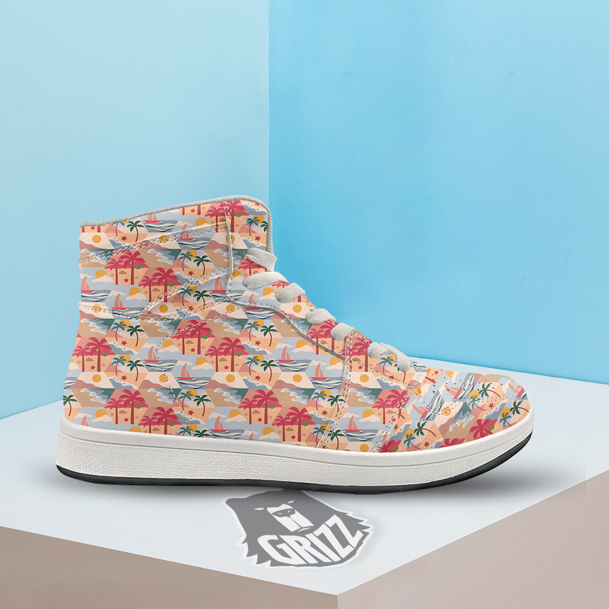Patchwork Beach And Sunset Sky Print Pattern High Top Sneakers-grizzshop
