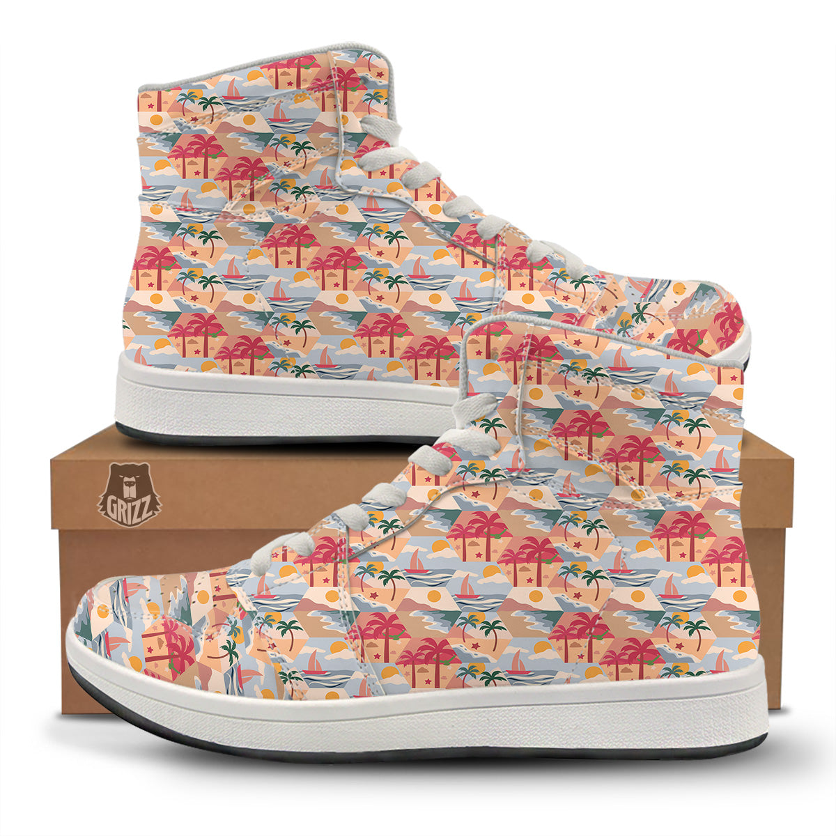 Patchwork Beach And Sunset Sky Print Pattern High Top Sneakers-grizzshop