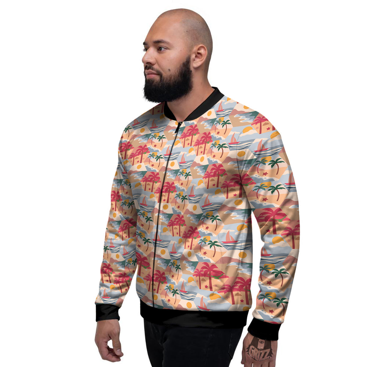 Patchwork Beach And Sunset Sky Print Pattern Men's Bomber Jacket-grizzshop