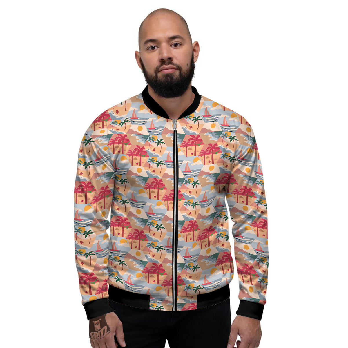 Patchwork Beach And Sunset Sky Print Pattern Men's Bomber Jacket-grizzshop