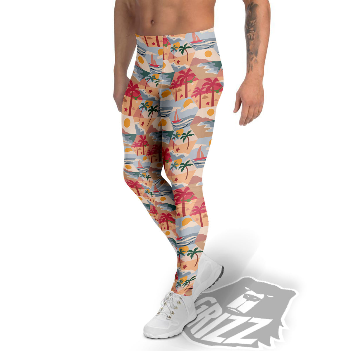 Patchwork Beach And Sunset Sky Print Pattern Men's Leggings-grizzshop