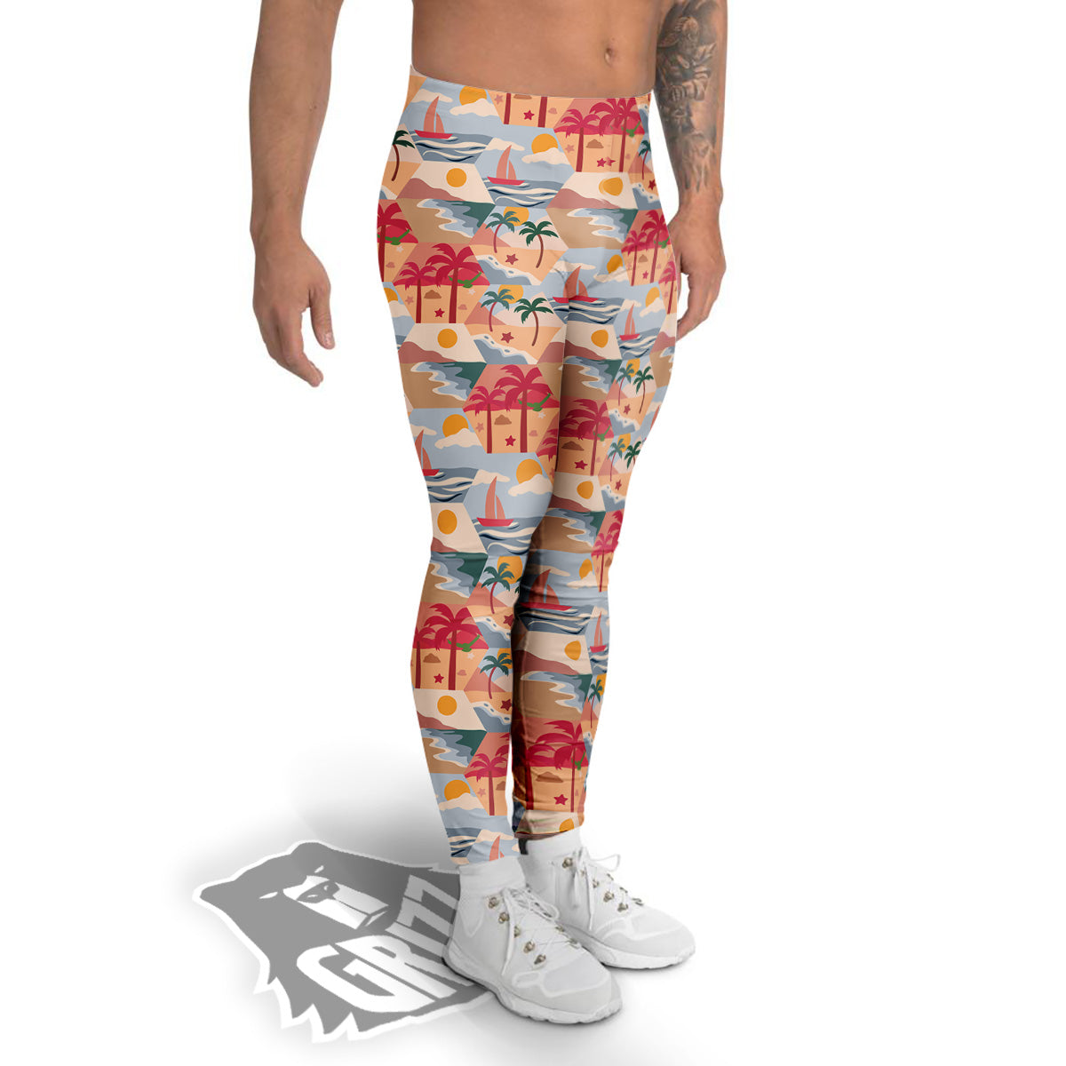 Patchwork Beach And Sunset Sky Print Pattern Men's Leggings-grizzshop