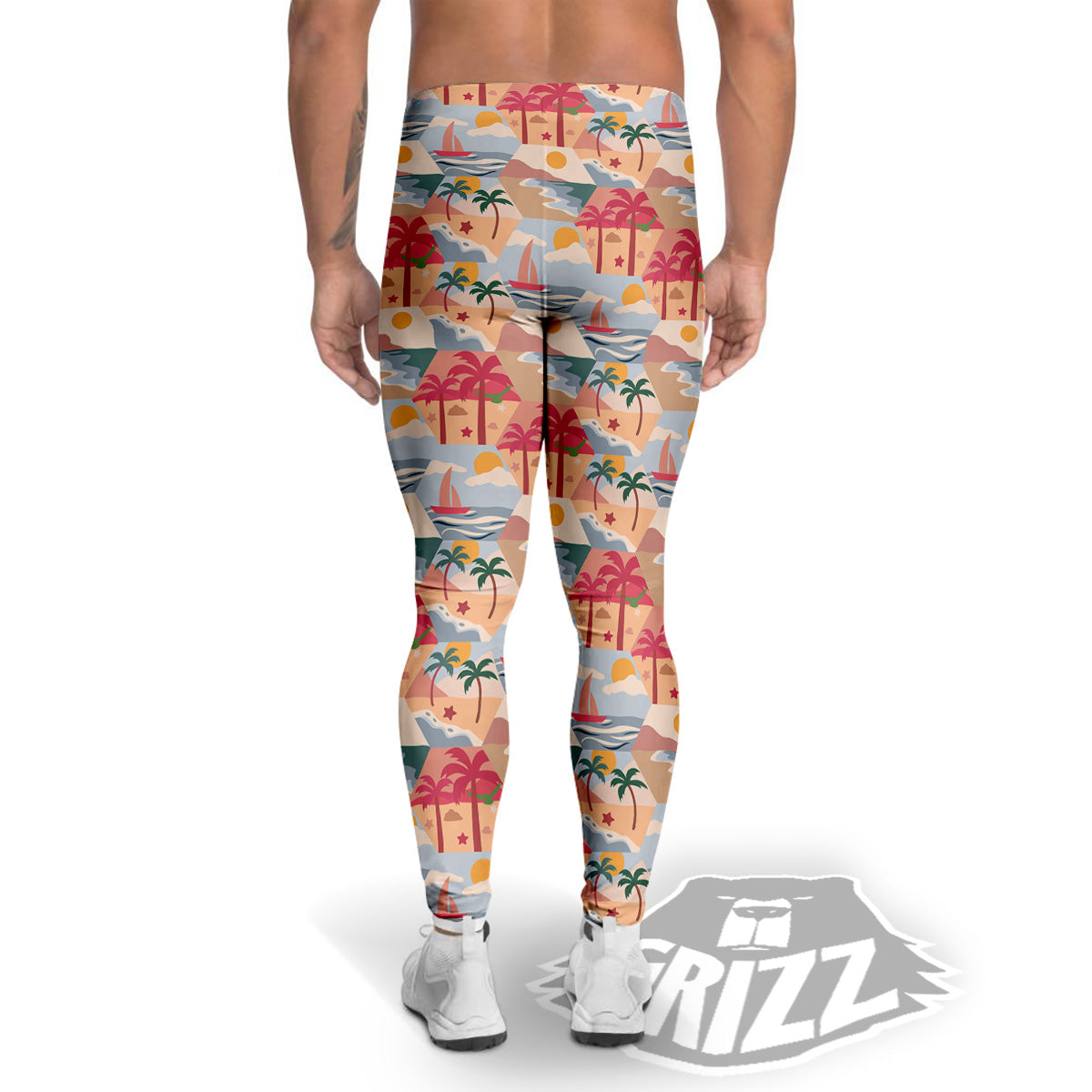 Patchwork Beach And Sunset Sky Print Pattern Men's Leggings-grizzshop