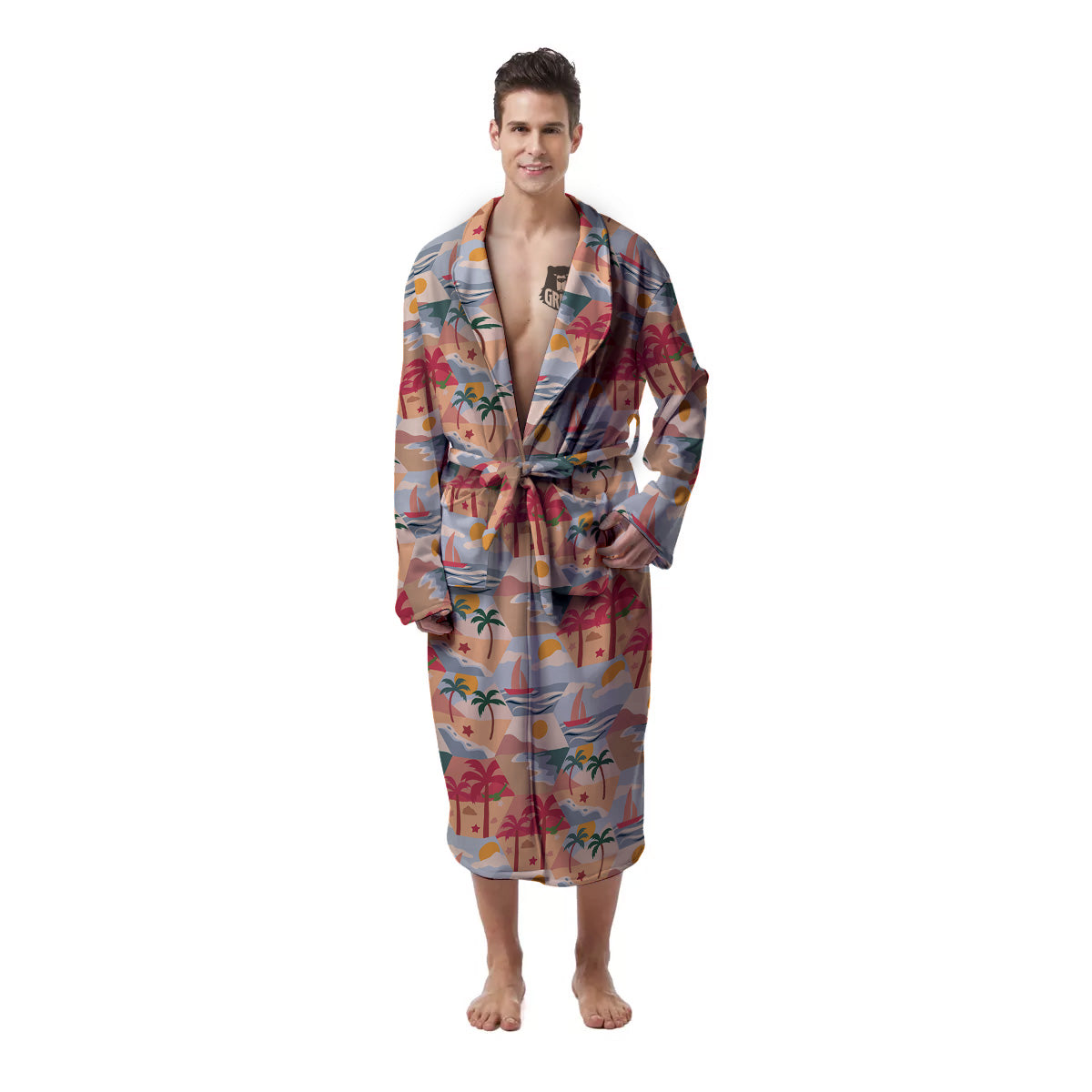 Patchwork Beach And Sunset Sky Print Pattern Men's Robe-grizzshop