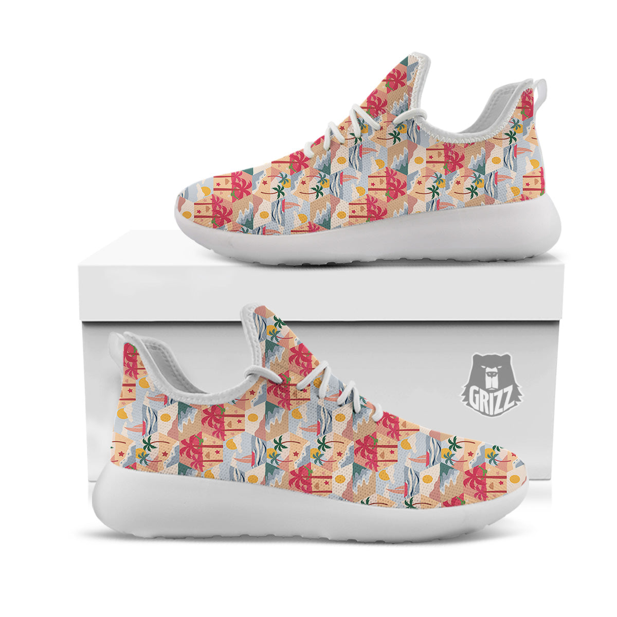 Patchwork Beach And Sunset Sky Print Pattern White Athletic Shoes-grizzshop