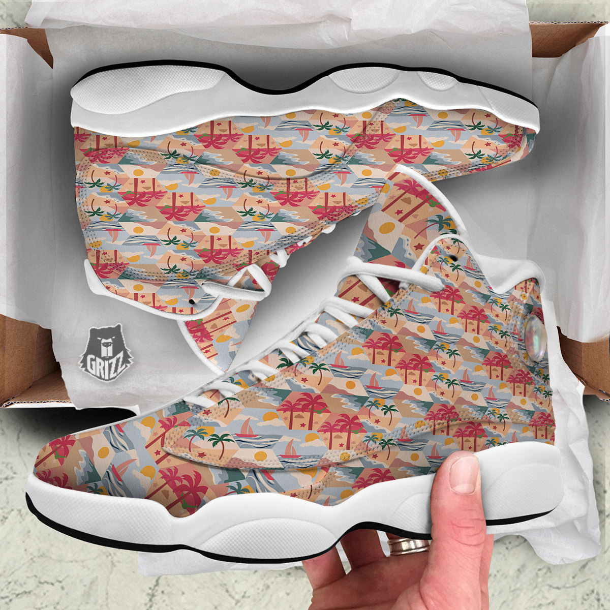 Patchwork Beach And Sunset Sky Print Pattern White Basketball Shoes-grizzshop