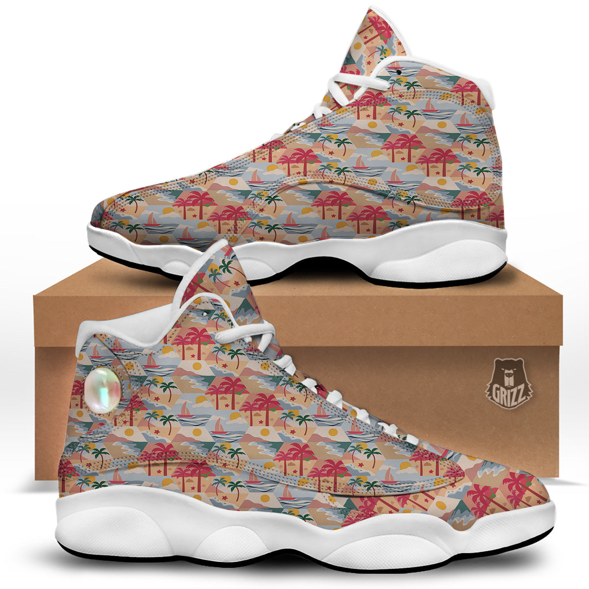 Patchwork Beach And Sunset Sky Print Pattern White Basketball Shoes-grizzshop