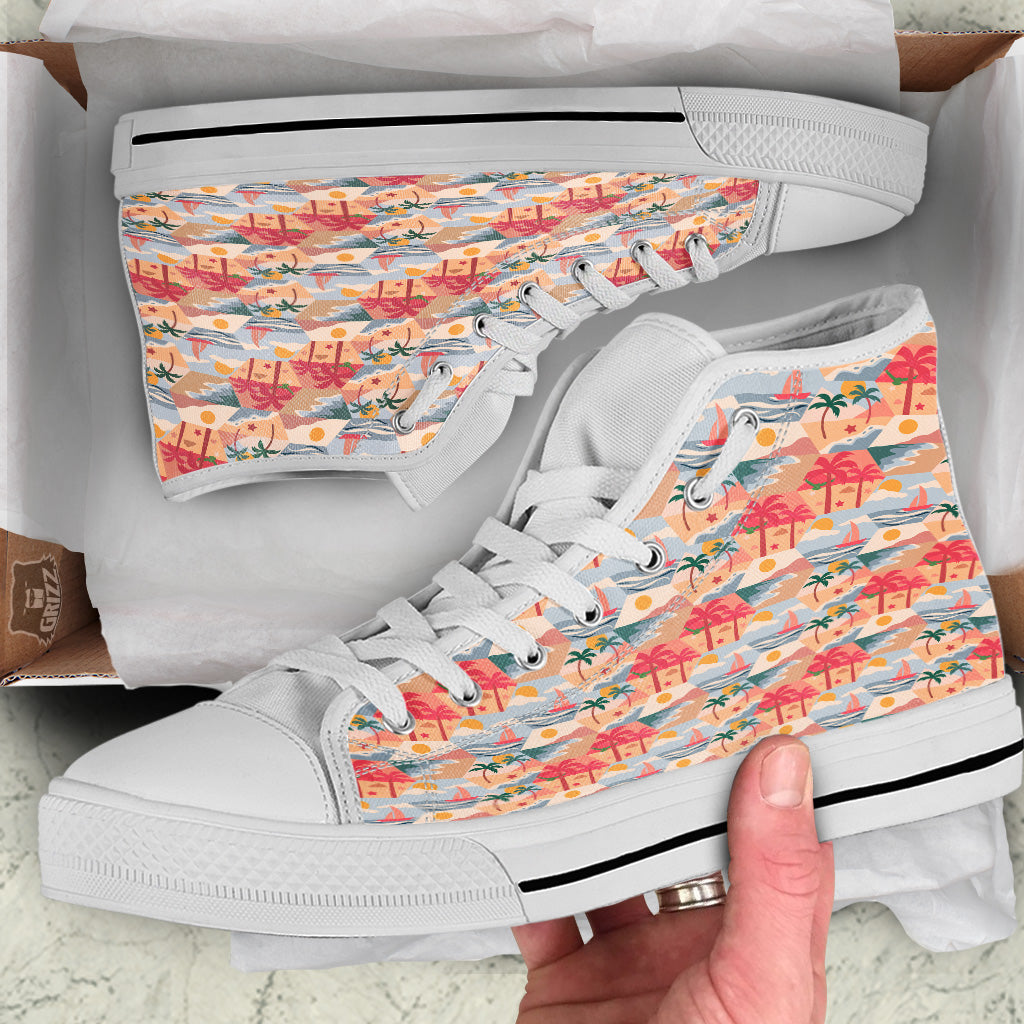 Patchwork Beach And Sunset Sky Print Pattern White High Top Shoes-grizzshop