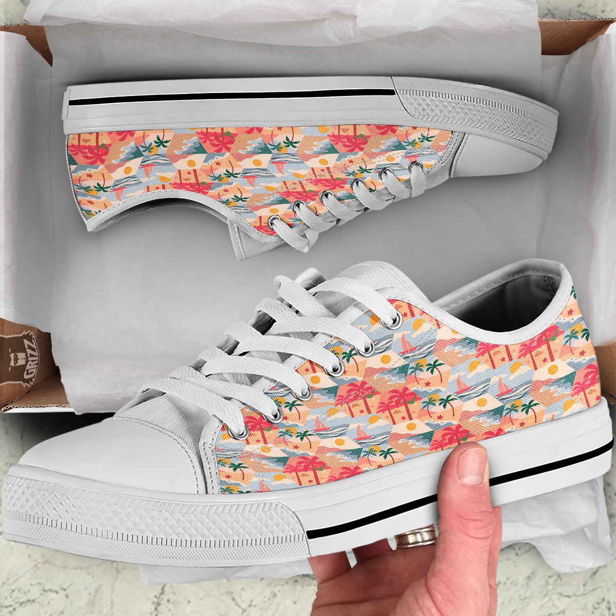 Patchwork Beach And Sunset Sky Print Pattern White Low Top Shoes-grizzshop