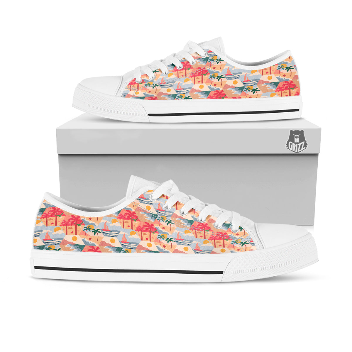 Patchwork Beach And Sunset Sky Print Pattern White Low Top Shoes-grizzshop