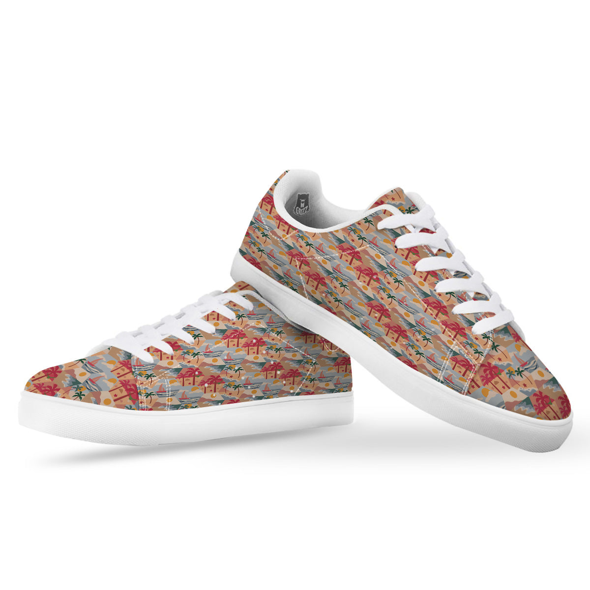 Patchwork Beach And Sunset Sky Print Pattern White Low Top Sneakers-grizzshop