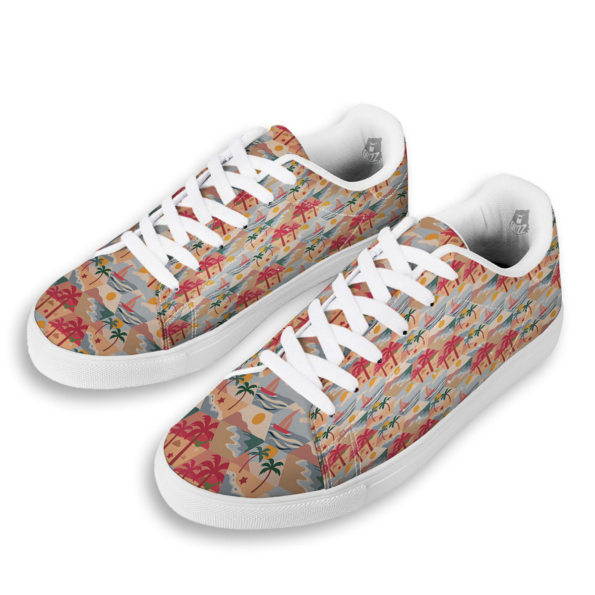 Patchwork Beach And Sunset Sky Print Pattern White Low Top Sneakers-grizzshop