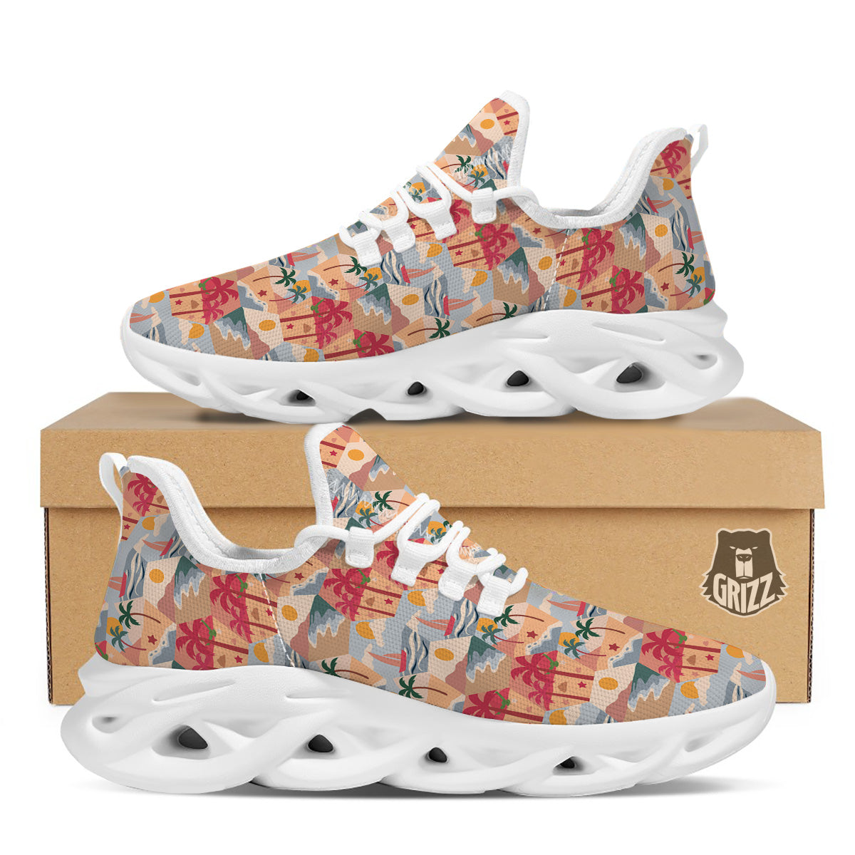 Patchwork Beach And Sunset Sky Print Pattern White Running Shoes-grizzshop