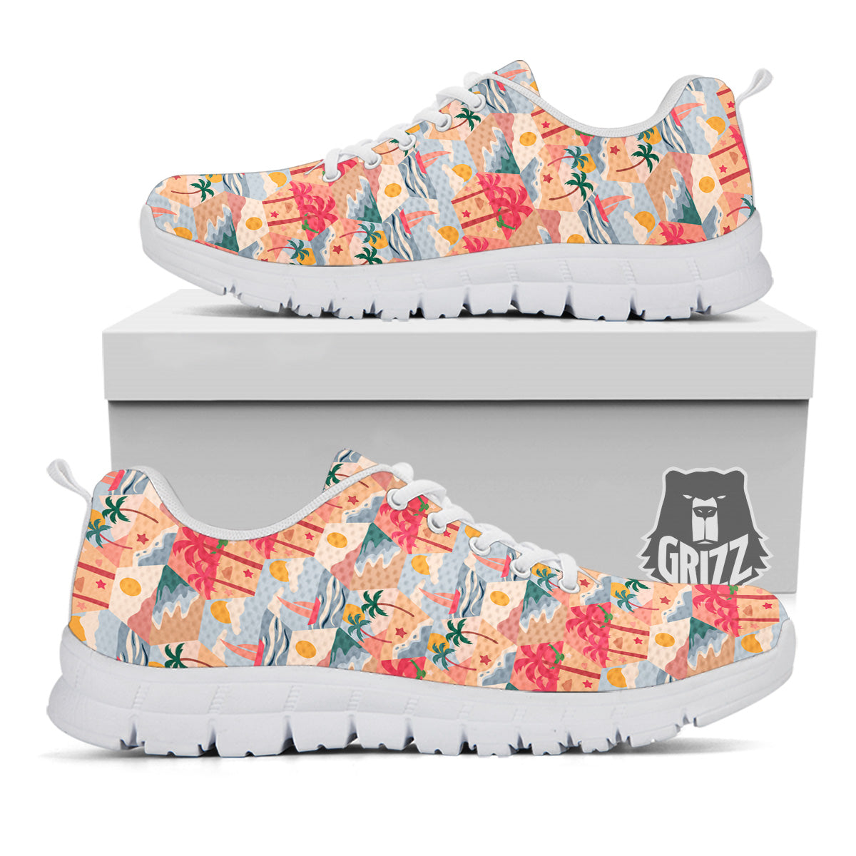 Patchwork Beach And Sunset Sky Print Pattern White Sneaker-grizzshop