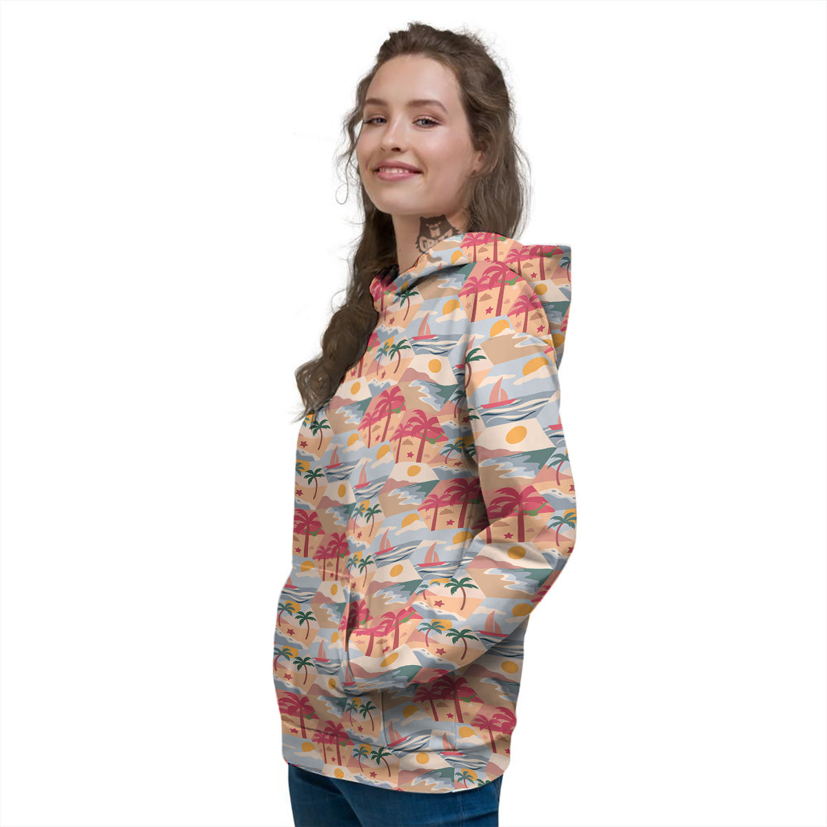 Patchwork Beach And Sunset Sky Print Pattern Women's Hoodie-grizzshop