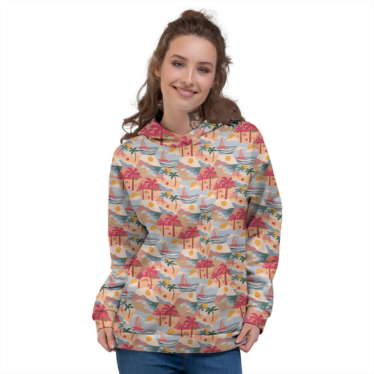 Patchwork Beach And Sunset Sky Print Pattern Women's Hoodie-grizzshop