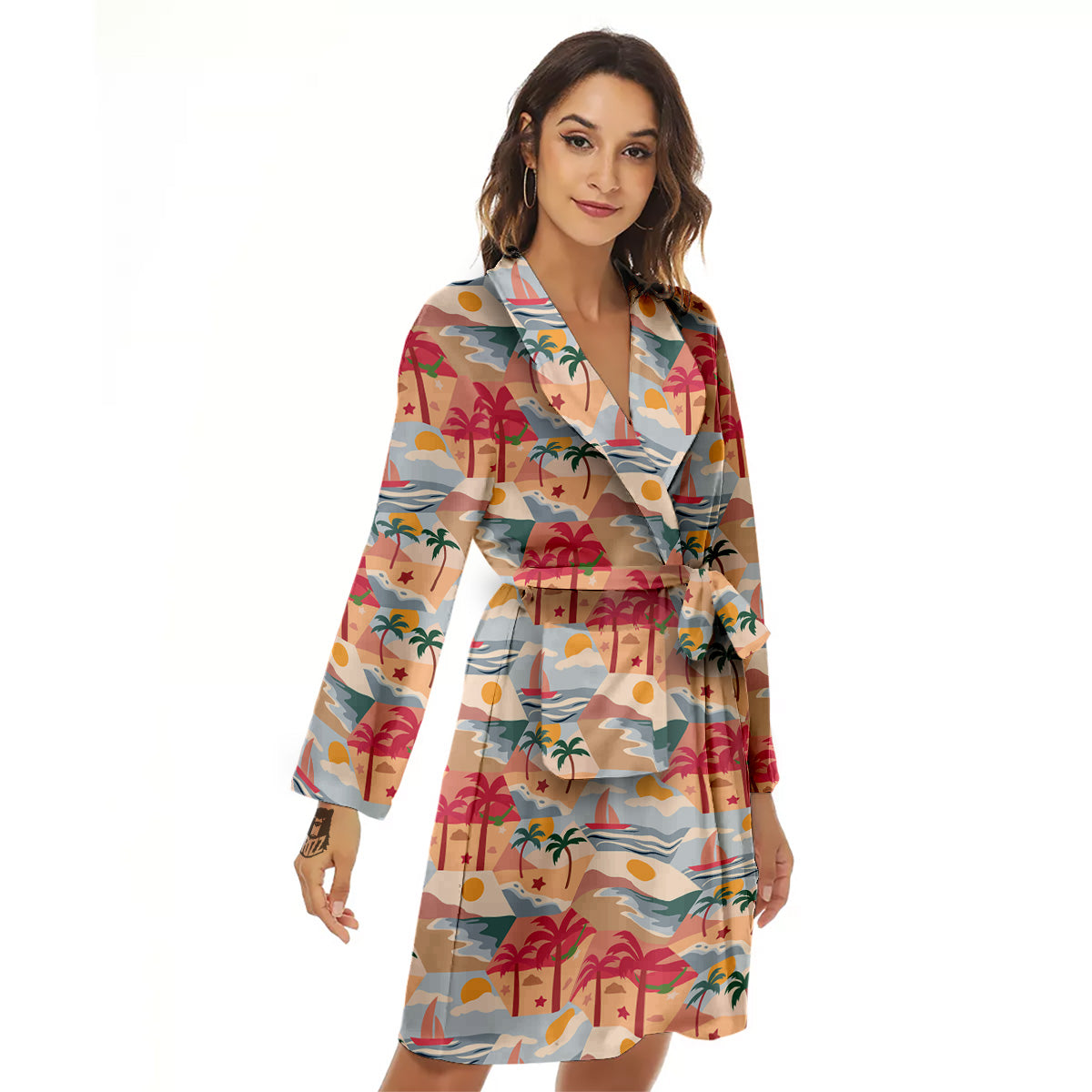 Patchwork Beach And Sunset Sky Print Pattern Women's Robe-grizzshop