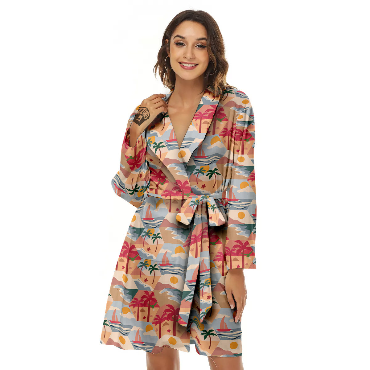 Patchwork Beach And Sunset Sky Print Pattern Women's Robe-grizzshop
